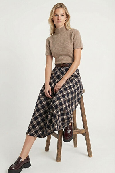 Lovelyİstanbul Belted Checkered Midi Woven Skirt Ldp0094 Dark Blue Burgundy