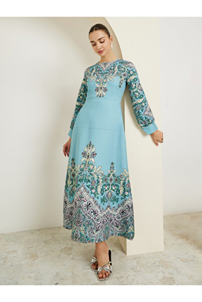 Styli Blue Floral Embellished Long Sleeves Maxi Dress