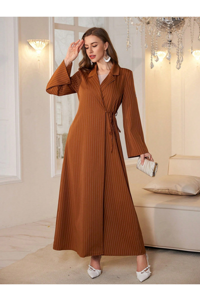 Take Two By Styli Coffee Brown Striped Wrap Maxi Dress