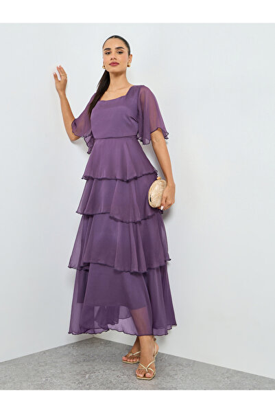 Styli Purple Short Sleeve Tiered Maxi Dress
