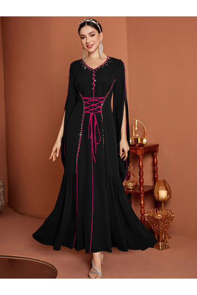 Take Two By Styli Women Black Embellished Fitted Waist Split Sleeve Maxi Dress