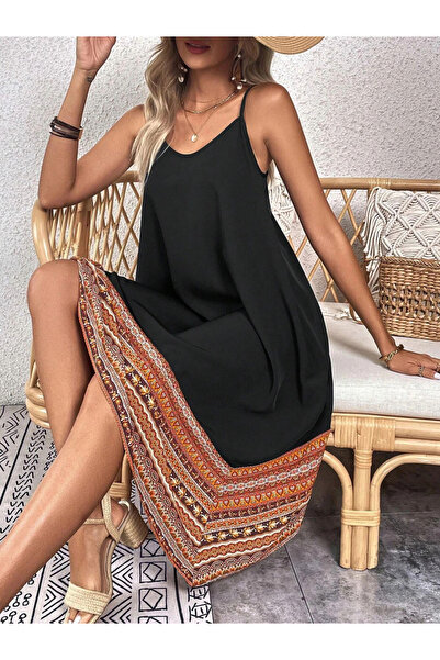 Take Two By Styli Women Black Printed Hem Strappy Knee-Length Dress