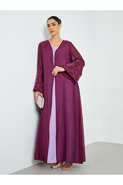 Amirah By Styli Burgundy Embroidered Sleeve A-Line Abaya