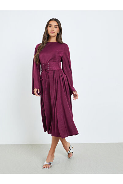 Styli Women Burgundy Long Sleeves A-Line Midi Dress
