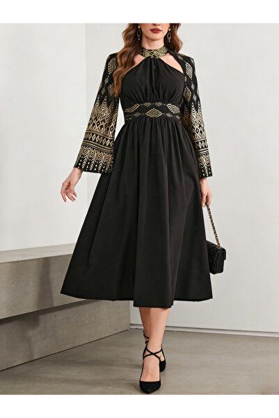 Take Two By Styli Back Printed Halter Neck Ruffle Midi Dress