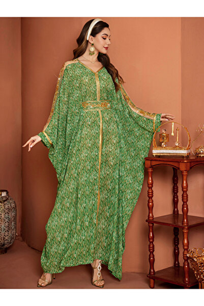 Take Two By Styli Women Green Printed Golden Trim Embellished Jalabiya