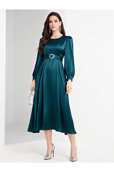 Take Two By Styli Blue Satin Balloon Sleeve Belted Midi Dress