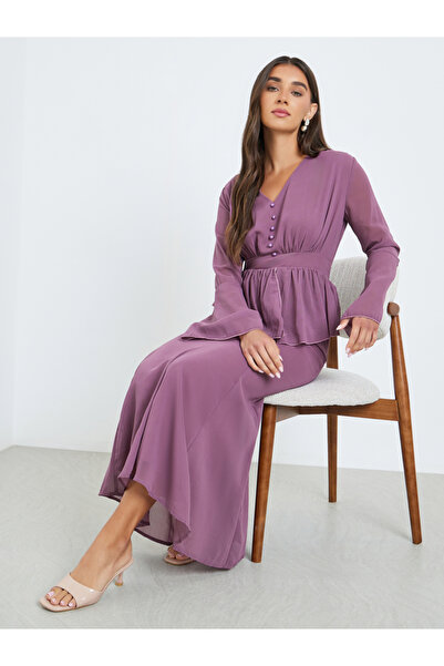 Styli Women Purple Ruffled Detail Mermaid Maxi Dress