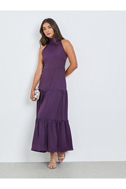 Styli Purple Halter Neck Tiered Maxi Dress
