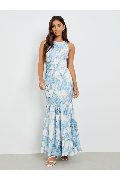 Styli Blue Floral Sleeveless Mermaid Hem Maxi Dress
