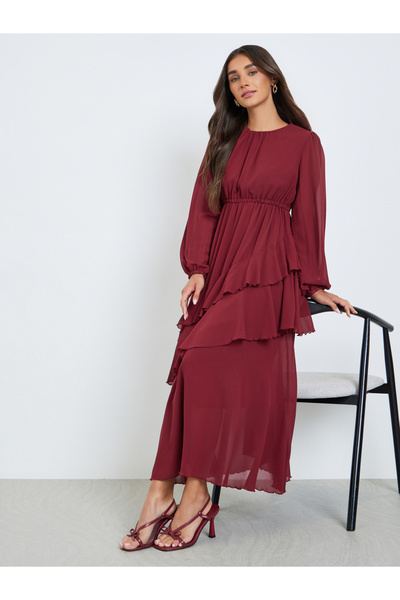 Styli Women Red Balloon Sleeve Ruffled Detail Maxi Dress