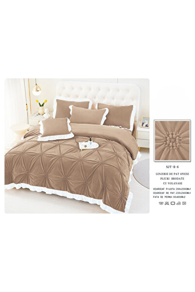 FIONNA.RO Velvet Duvet Cover Set With Embroidery And White Ruffles - Beige Co...