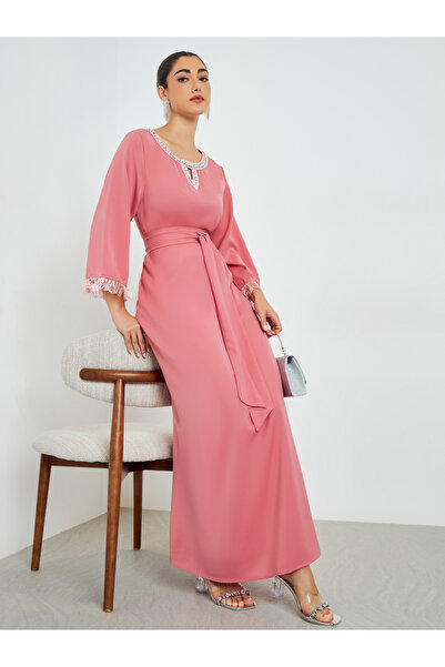 Amirah By Styli Pink Embellished Tassel Trim A-Line Jalabiya