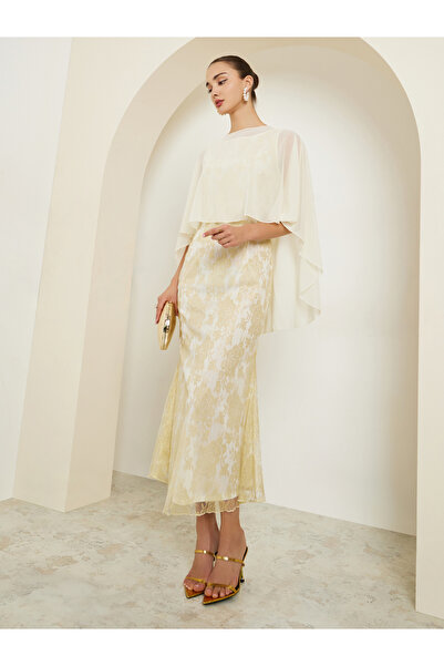 Styli Beige Lace Cape Sleeve Maxi Dress