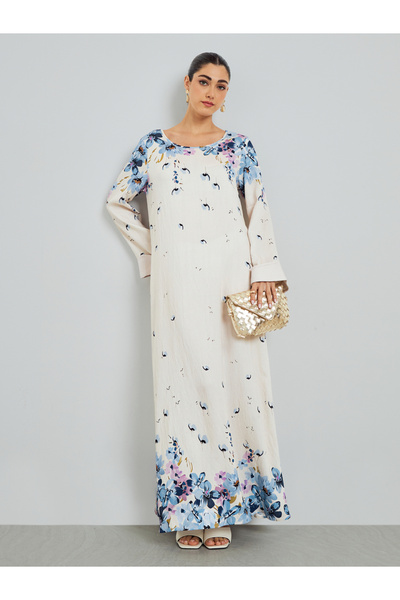 Amirah By Styli Blue Floral Print A-Line Jalabiya