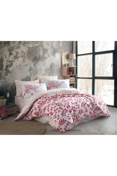 FIONNA.RO Ranforce 100% Cotton Duvet Cover Set - Light Red Leafs