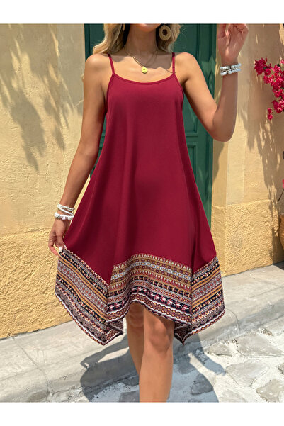 Take Two By Styli Women Burgundy Printed Hem Strappy Knee-Length Dress