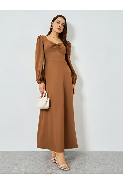 Take Two By Styli Rust Ruched Neck Balloon Sleeve Maxi Dress