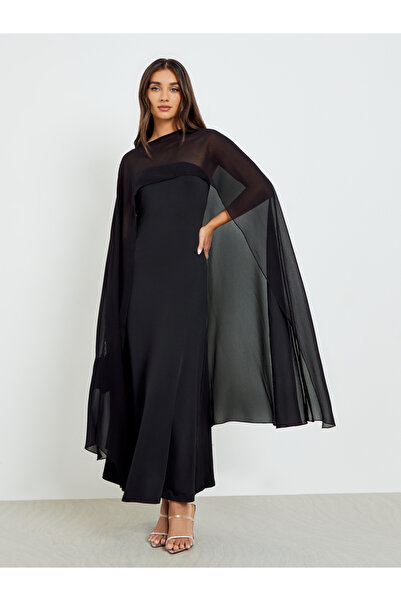 Styli Black Maxi Dress with Sheer Shawl