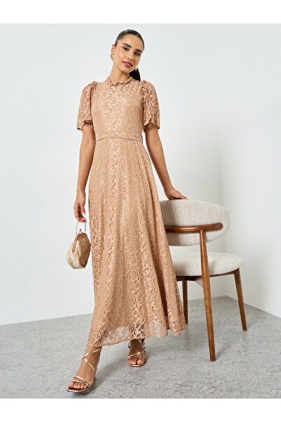 Styli Beige Lace Short Sleeve A-Line Maxi Dress