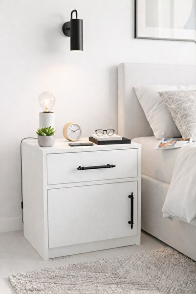 Mobben Beyaz Çekmeceli Kapaklı Komodin Yatak Yanı Yan Sehpası Retro Modern Ta...