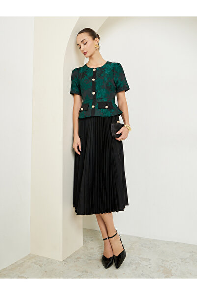 Styli Green Jacquard Pleated A-Line Midi Dress