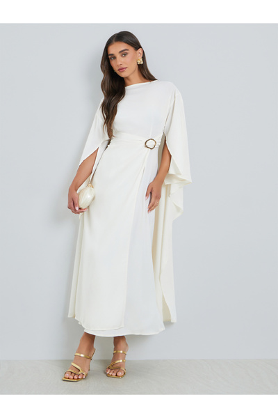 Styli Women Beige Embellished Cape Sleeve Midi Dress