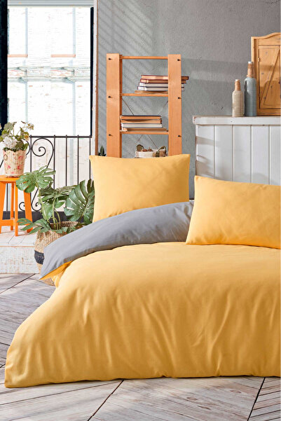 FIONNA.RO 100% Cotton Duvet Cover Set Ranforce BI- Solid Color - Yellow/Grey