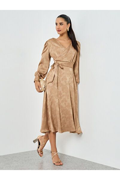 Styli Beige Jacquard Wrap Midi Dress