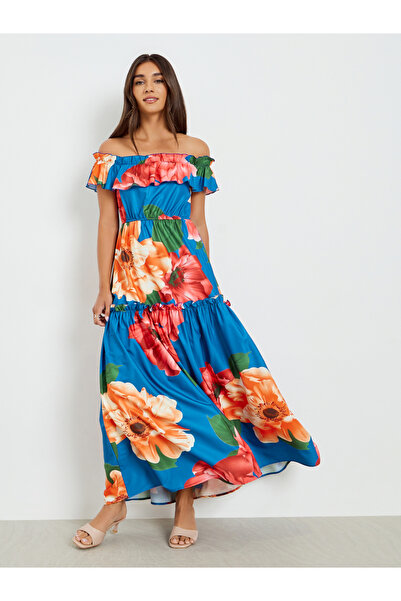 Styli Blue Floral Off Shoulder Maxi Dress