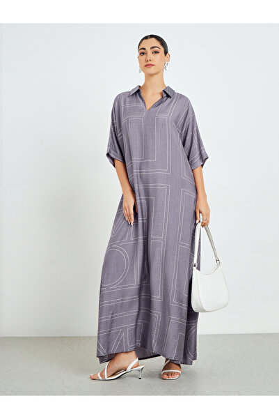 Amirah By Styli Purple Printed Collared A-Line Jalabiya