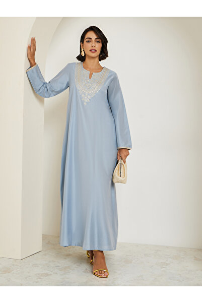 Amirah By Styli Light Blue Embroidered A-Line Jalabiya