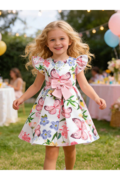 Take Two By Styli Girls Floral Print Pleated Dress with Bow Detail