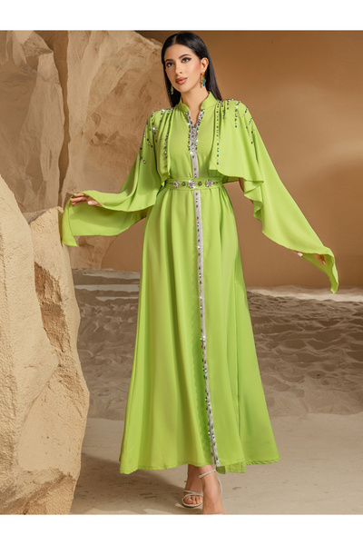 Take Two By Styli جلابية نسائية مزينة بأحجار الراين الصلبة، بياقة مفتوحة وأكم...