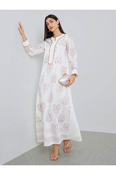 Amirah By Styli Women Cream Printed A-Line Jalabiya