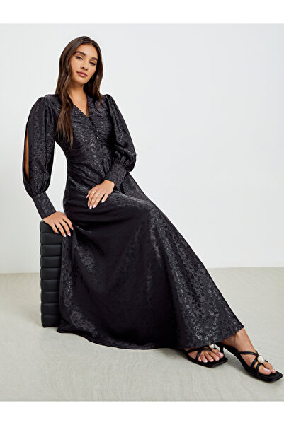 Styli فستان ماكسي نسائي بأكمام شق من قماش قماش جاكار