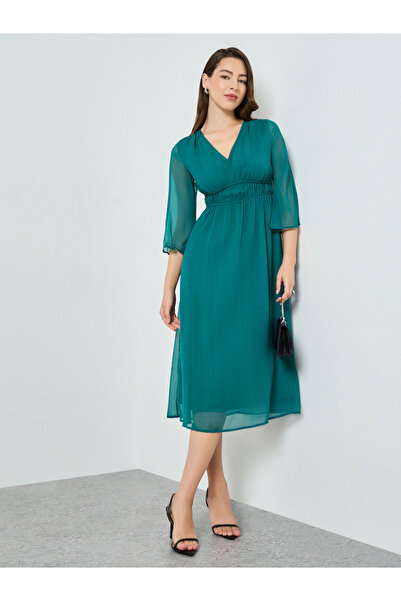 Styli Teal Textured Midi Dress with 3/4 Sleeves
