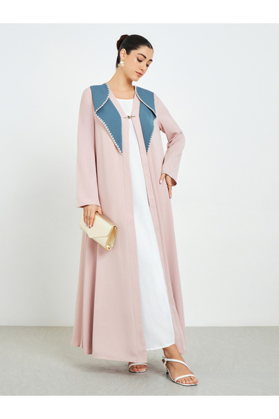 Amirah By Styli Beige Color Block Open Front Abaya