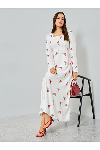 Take Two By Styli White Floral Print Long Sleeve Maxi Dress