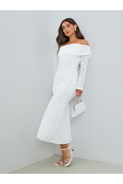Styli Women White Lace Off Shoulder Mermaid Midi Dress