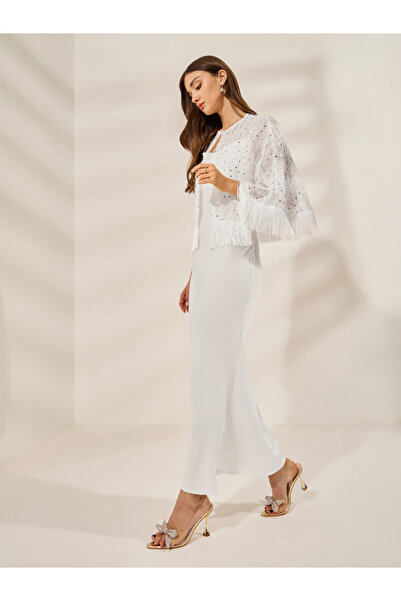 Styli Women Satin Maxi Dress with Embellished Sequin Cape Set