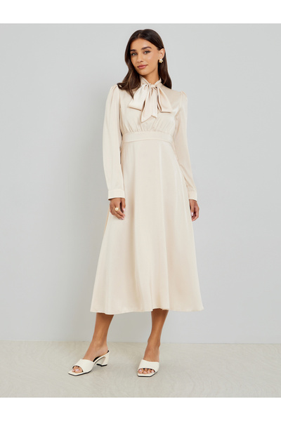 Styli Beige Satin Tie-Up Neck Midi Dress