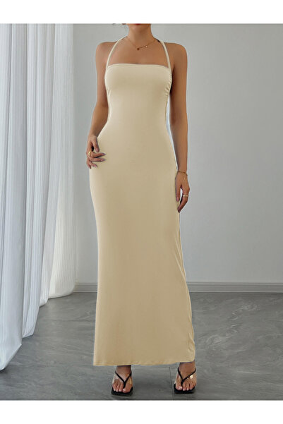 Take Two By Styli Women Beige Halter Neck Sleeveless Bodycon Maxi Dress