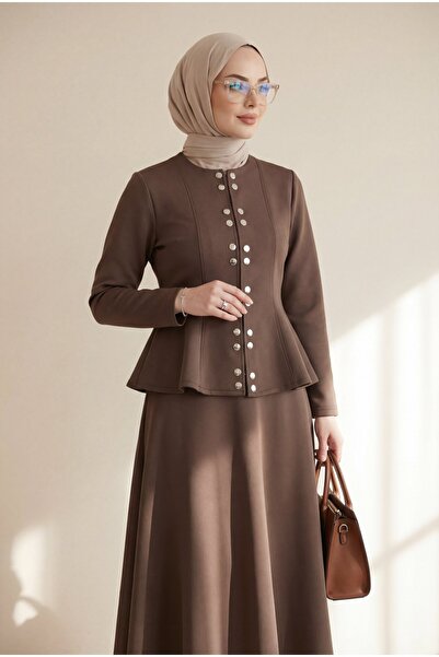 Modamorfo Scuba Suit with Double Snap Front and Flared Skirt -K. Brown