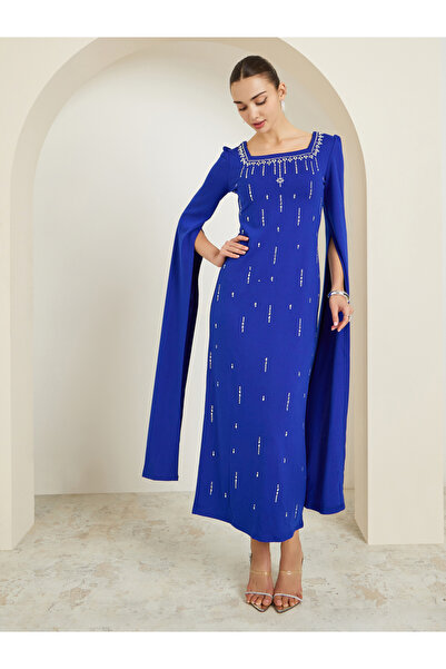 Styli Blue Embellished Long Sleeves Sheath Maxi Dress