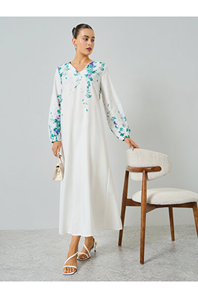 Take Two By Styli White Floral Print A-Line Jalabiya
