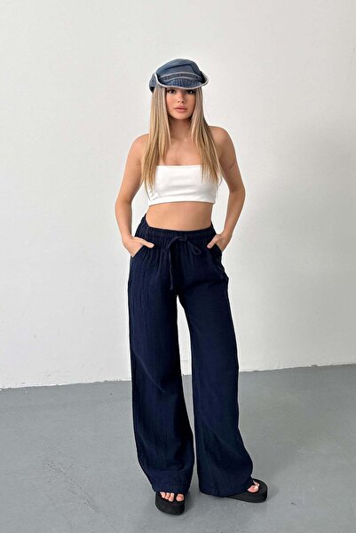 JEE LEE Women's Adjustable Waist Double Pocket Wide Leg Pants Navy Blue - 26Y...