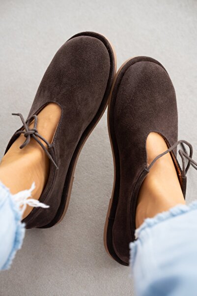 selin shoes Vireon Genuine Leather Women's Shoes with Lace Detail - Brown Suede