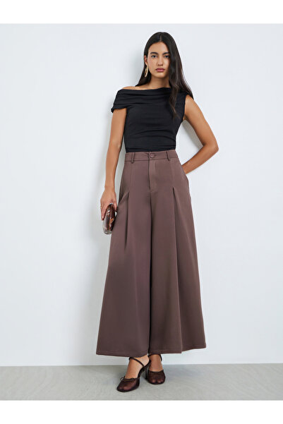 Styli Brown Flowy Wide Leg Pants with Fold Pleat