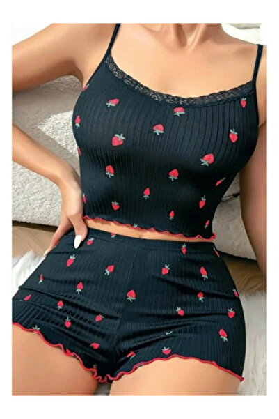 Nightlight Çilek Desenli Kadın Şortlu Pijama Takımı – Dantelli Askılı Crop & ...